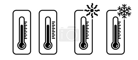 Ilustración de Termómetros de meteorología Fahrenheit, kelvin o Celsius. El termómetro o la temperatura indican. Signo caliente o frío. Clima, escala de temporada. Cero absoluto, el agua se congela y hierve. - Imagen libre de derechos