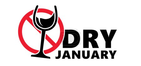 Sec janvier, c'est-à-dire un mois annuel sans alcool après les vacances du nouvel an. Pas d'alcool pendant ça. Arrête de boire ou les alcools boivent. Bouteille de vin vectoriel et verre. 