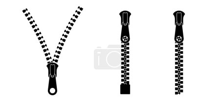 Illustration for Cartoon zip fastener with zipper puller. Clasp for clothes. Clothing accessories and zip types. Zippers. Set of closed and open zip with fastener. Unzip, closed zipper locks. Sewing zip line icon. - Royalty Free Image