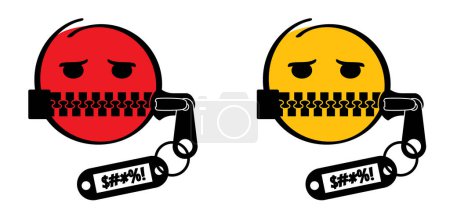 Illustration for Cartoon mouth, zipper face. Zip fastener with zipper puller. Keeping quiet, silence concept. Swearing icon or phrase for angry, oops, omg, bang, grrrrrr, wtf. Keep a secret icon. zippered mouth. No speak or talking. - Royalty Free Image