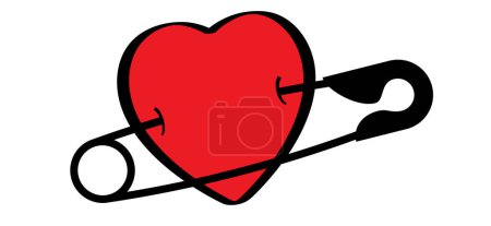 Illustration for Love heart, 14 february, valentine or valentines day. Safety pin. Opened and closed pins. pierced and clipping path sign. Vector safetypin icon. Open and close safety pins. - Royalty Free Image