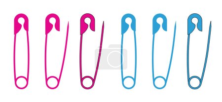 Illustration for New Born. Cartoon boy girl or blue, pink baby pin. Safety pin. Opened and closed pins. pierced and clipping path sign. Vector safetypin icon. Open and close safety pins. - Royalty Free Image