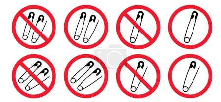 Illustration for Stop, baby safety pin. prohibited opened and closed pins. pierced and clipping path sign. Vector forbiddenor prohibition safetypin icon. attention, open and close safety pins. No needles warning. - Royalty Free Image
