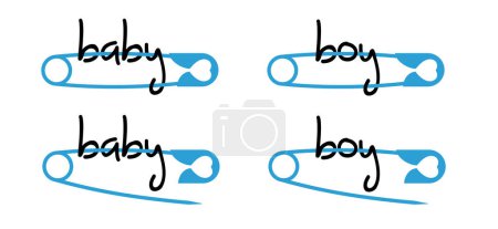 Illustration for New Born. Cartoon boy, blue, baby pin. Love heart safety pin. Opened and closed pins. pierced and clipping path sign. Vector safetypin icon. Open and close safety pins. Pregnant or coming soon. - Royalty Free Image