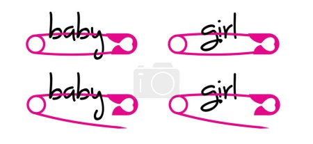 Illustration for New Born. Cartoon girl, pink, baby pin. Love heart safety pin. Opened and closed pins. pierced and clipping path sign. Vector safetypin icon. Open and close safety pins. Pregnant or coming soon. - Royalty Free Image