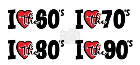 Ilustración de Me encantan los años 60 's 70' s 90 's o 60' s, 70 's, 80' s, 90 's. Paz, amor, música. año con símbolo del corazón del amor. 1960 1970 1980 1960 signo. - Imagen libre de derechos