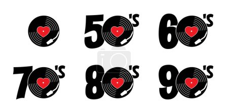 Illustration for Lp music year of fifties, sixties, seventies, eighties, nineties. dj symbol. Vinyl record album. I love the years  50's 60's 70's 80's 90's music plate. Phonograph, Gramophone label. Audio, turntable. - Royalty Free Image