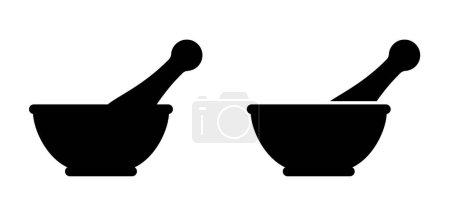 Mortar to grind herbs. Kitchenware icon. Mortars and pestle. Mixing herbal medicine icon. Pharmacy logo. Mortar and pusher for herb grinding. Medicine bowl. Healthy food, meal concept.