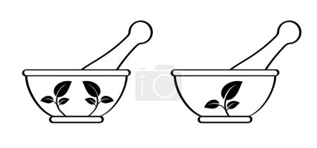 Mortar to grind herbs and leaf. Kitchenware icon. Mortars, pestle with leaves. Mixing herbal medicine icon. Pharmacy logo. Mortar and pusher for herb grinding. Medicine bowl. Healthy food, meal concept.