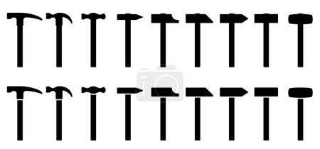Mallet icon. Types of hammers: claw hammer, bench hammer, sledge hammer, sledgehammer, rubber, wooden, felling, splitting and paving hammer tools. Repair, worker.