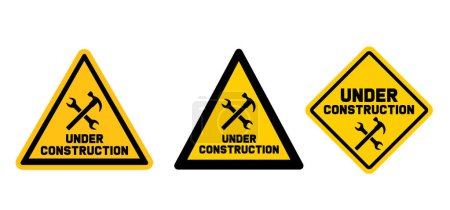 Under-construction traffic sign. Mallet or hammers icon. tappet wrench and screwdriver Repair, worker tools. Look after, do not enter, work in progress. Signboard.
