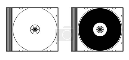 Cartoon cd rom. Compact disc CD or DVD and cover. Empty file and jewel case sign. For data, backup or software.  CD case or box line pattern. CD player listen to music. dvd rw recording.