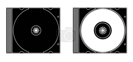 Illustration for Cartoon cd rom. Compact disc CD or DVD and cover. Empty file and jewel case sign. For data, backup or software.  CD case or box line pattern. CD player listen to music. dvd rw recording. - Royalty Free Image