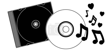Illustration for Cartoon love, heart cd. Compact disc CD or DVD and cover. Empty file and jewel case sign. For data, backup or software. CD case or box line pattern. CD player listen to music. dvd rw recording. - Royalty Free Image