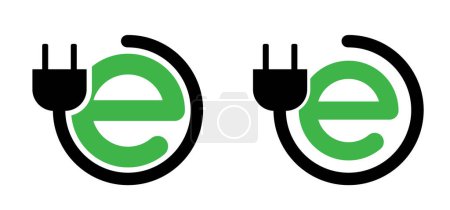 Ladegeräte für Elektroautos oder Fahrzeuge. Green E, Auto-Ladestecker für Hybrid-Öko-Autos. Cartoon grünes Bio- oder Öko-Power-Symbol oder Symbol mit Auto. Auto-Stecker.