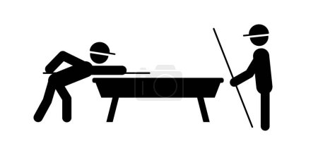 Stickman play billiards on billiard table or snooker table with cues and balls. Cartoon pool table with cue and ball. Game tools.