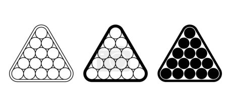 Triángulo de billar de dibujos animados para mesa de billar o mesa de billar con señales y estante de bolas. Pirámide de bolas de billar para mesa de billar con taco y pelota. Herramientas del juego. Juego de deportes. Bolas de billar en triángulo.