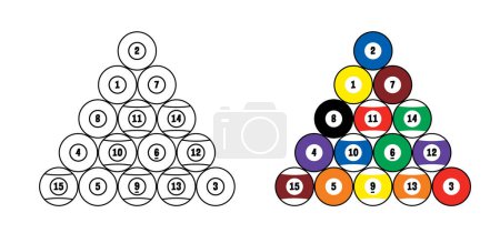 Illustration for Billiard balls for billiard triangle. Billiard table or snooker table with cues and balls rack. Pyramid of billiard balls for pool table with cue and ball. Sport game tools. Balls racks. - Royalty Free Image