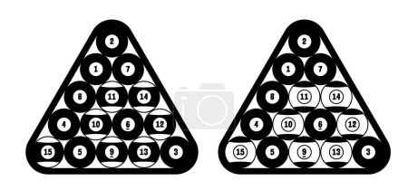 Illustration for Billiard balls for billiard triangle. Billiard table or snooker table with cues and balls rack. Pyramid of billiard balls for pool table with cue and ball. Sport game tools. Balls racks. - Royalty Free Image