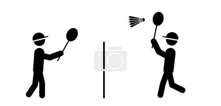 Stickman or stick figure man and badminton court or field line for badminton shuttle, racket and net. Racket sport game. Playing in the summer or on the beach. Indoor team sports.