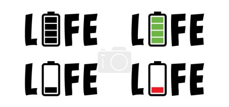 Lebensenergie. Lebensdauer der Batterie Slogan oder gute Stimmung. Ladung, Ladeanzeige. Leerbatterie, Strom, leere Ladung. 