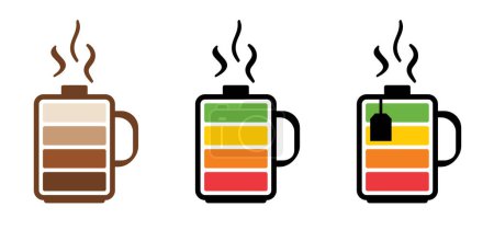 Hot coffee charge, loading indicator. Mug with battery charge. Coffee a clock or tea time. Beverage logo. Work, Life balance concept for full energy. I need coffee. Low battery