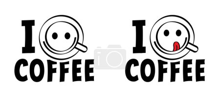 Cartoon-Slogan ich liebe Kaffee. Es ist Kaffee- oder Kaffeezeit. Kaffeezeit, Zeit für Pause oder Auszeit. Pause, flexible Arbeitszeiten oder Arbeitszeit. Work, Life-Balance-Konzept. Gute Stimmung.