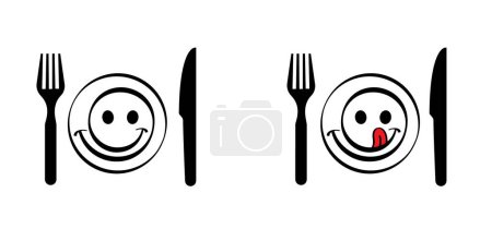 Mittagspause, Zeit für ein glückliches Lächeln. Teller, Gabel, Messer vorhanden. Lebensmittelsymbol für Bar, Café, Hotelkonzept. Fertig zum Essen. Essen Logo Zeichen für Abendessen, Frühstück, Mittagessen Menü-Service