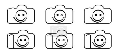Fotokamera Linienmuster mit Liebesherz-Symbol. Kamerasammlung. Fotokamera-Ikone. Fotografieren und lächeln. Für Fotografie flash Konzept.
