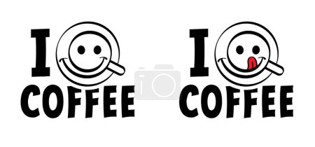 Cartoon-Slogan ich liebe Kaffee. Es ist Kaffee- oder Kaffeezeit. Kaffeezeit, Zeit für Pause oder Auszeit. Pause, flexible Arbeitszeiten oder Arbeitszeit. Work, Life-Balance-Konzept. Gute Stimmung.