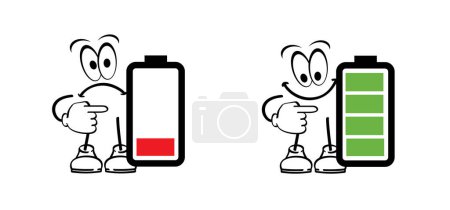 Cartoon Life Energy Maskottchen. Stickman mit rotem, grünem Akku oder Stickman mit grünem Füllstand. Ladeanzeigepiktogramm. Glücklich und unglücklich, energiegeladen, müde oder erschöpft.