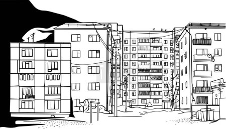 Illustration for Vector illustration sketch Russian city urban street view with soviet buildings - Royalty Free Image