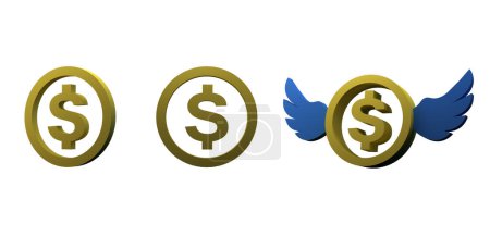 Photo for 3D Render Illustration Money Dollar Coin Wing Icon Pack - Royalty Free Image
