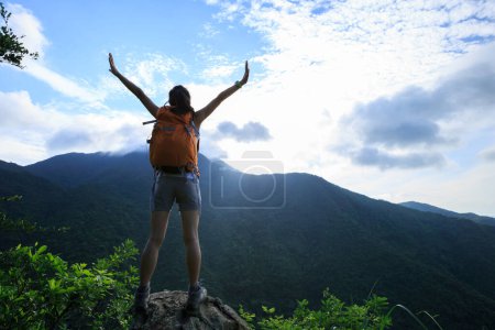 Téléchargez les photos : Femme randonnée réussie profiter de la vue au sommet de la falaise - en image libre de droit