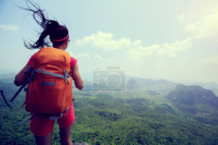 Foto de Mujer exitosa excursionista disfrutar de la vista en la cima de la montaña - Imagen libre de derechos