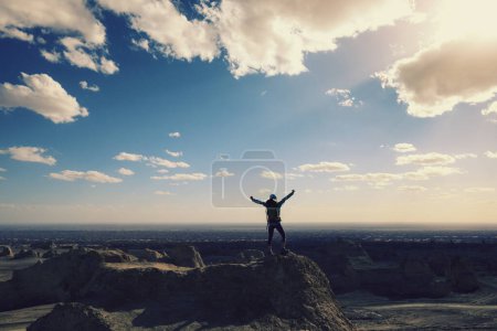 Photo for Successful female backpacker feel free on desert hill top - Royalty Free Image