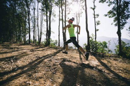 Photo for Woman trail runner running at tropical forest mountain peak - Royalty Free Image