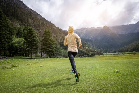 Téléchargez les photos : Femme coureuse de trail cross country courir dans de belles prairies - en image libre de droit