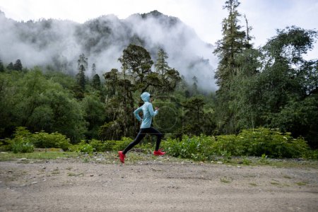 Téléchargez les photos : Femme trail runner cross country course en haute altitude forêt de montagne - en image libre de droit