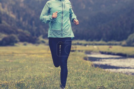 Téléchargez les photos : Femme trail runner cross country courir dans les prairies de haute altitude - en image libre de droit