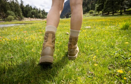 Photo for Hiking woman legs walking in high altitude grassland - Royalty Free Image