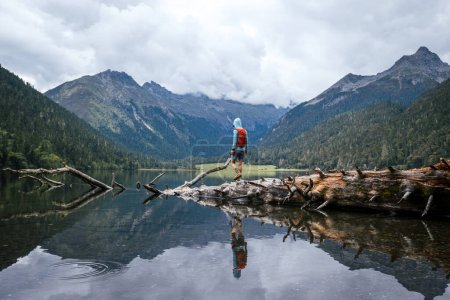 Téléchargez les photos : Randonnée femme marchant sur un pont à une planche dans les montagnes de haute altitude - en image libre de droit
