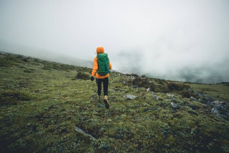 Foto de Mujer senderista en la cima de la montaña de gran altitud - Imagen libre de derechos