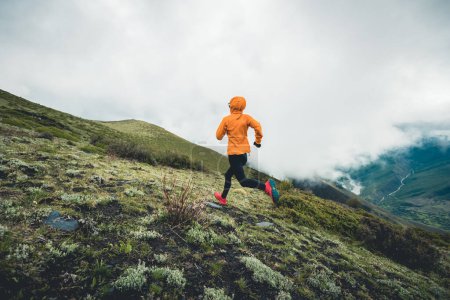 Téléchargez les photos : Femme trail runner cross country courir à haute altitude montagne pic - en image libre de droit
