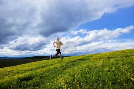 Téléchargez les photos : Femme trail runner cross country course à haute altitude floraison montagne - en image libre de droit