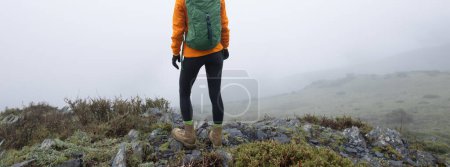 Photo for Hiking woman on high altitude mountain top - Royalty Free Image