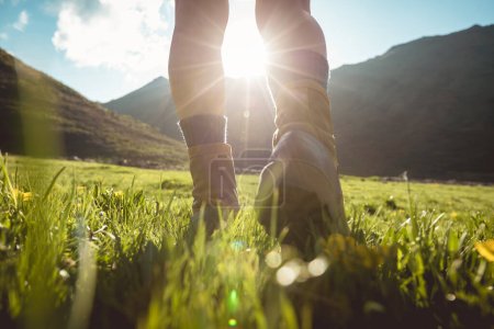 Téléchargez les photos : Randonneur jambes marche belle prairie à fleurs - en image libre de droit