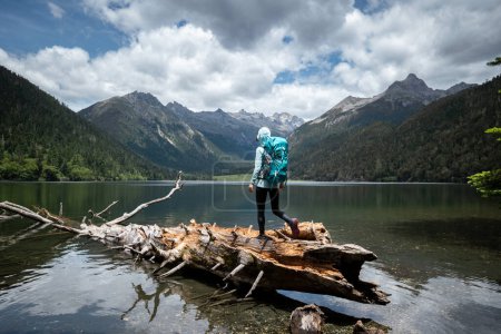 Téléchargez les photos : Femme de randonnée sur un pont à une planche dans les montagnes de haute altitude - en image libre de droit