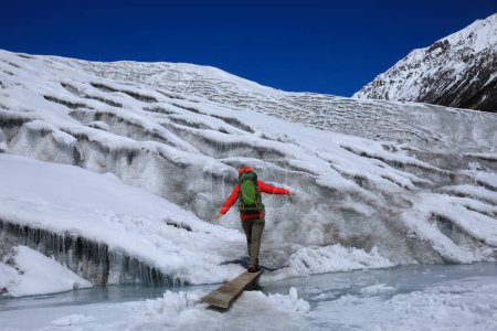 Photo for Woman hiker hiking in winter huge glacier mountain,China - Royalty Free Image