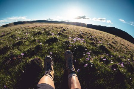 Téléchargez les photos : Femme randonneur relaxant sur les prairies fleuries d'été de haute altitude - en image libre de droit